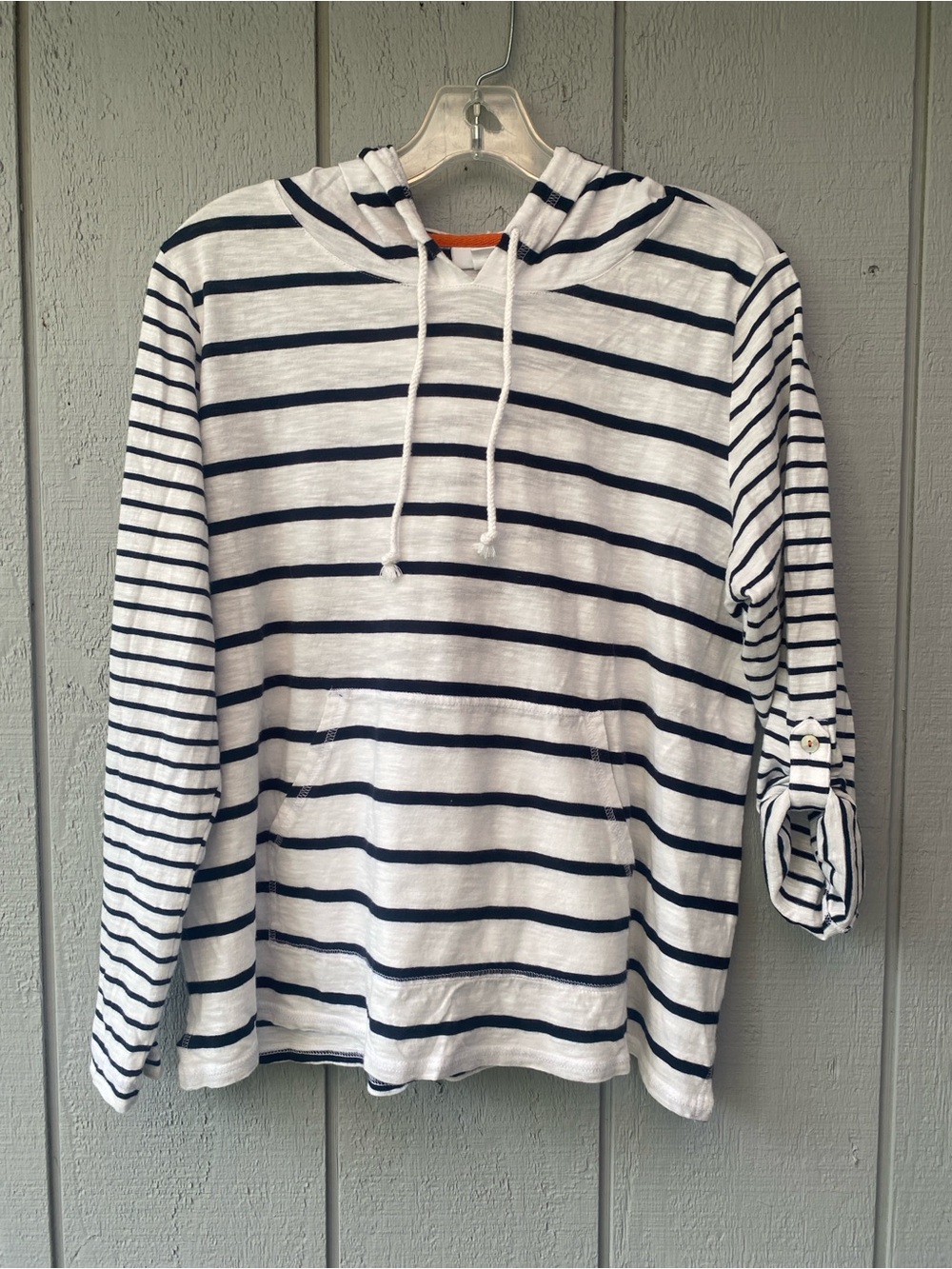 J. Jill Striped Hooded Top in White and Black with Orange Trim